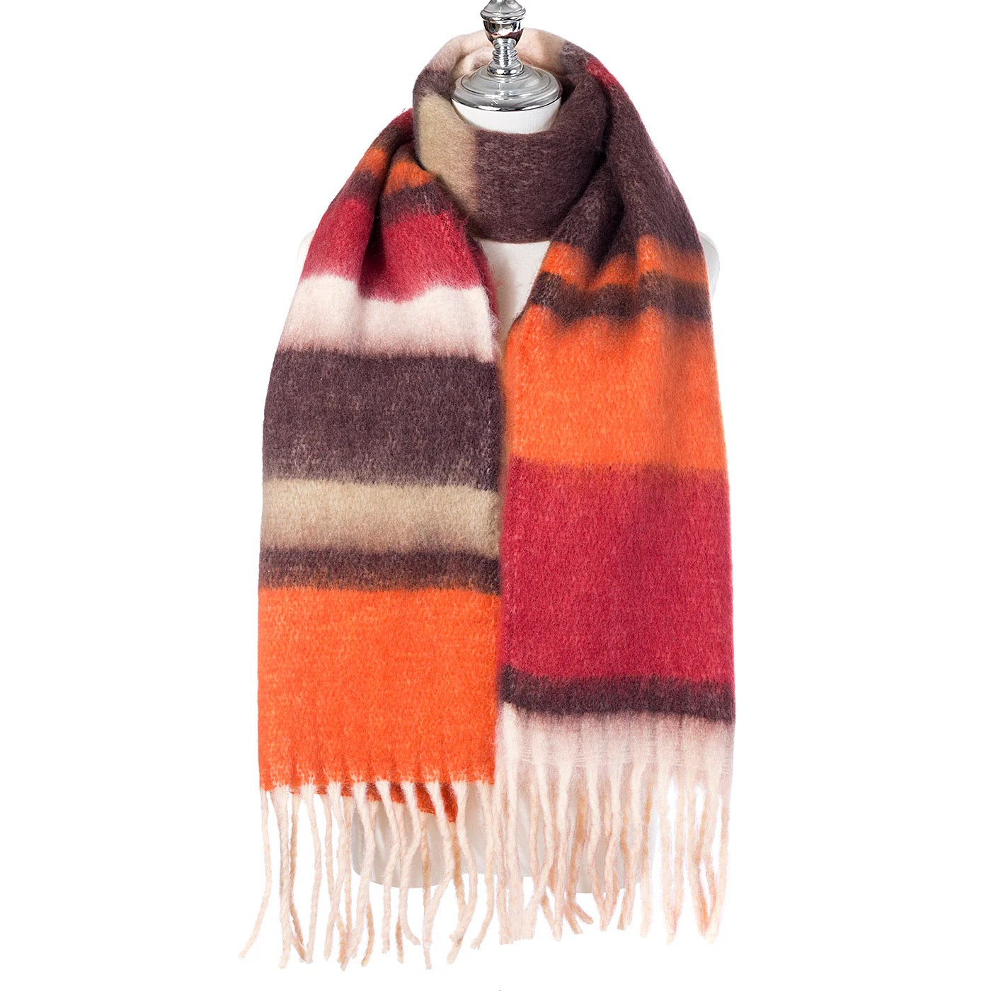 Park Lane Cosy Multi Stripe Tassel Scarf - Orange Mix