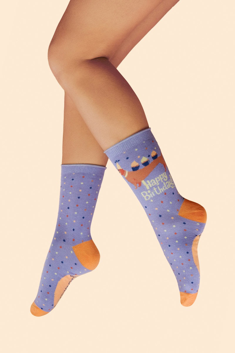 Powder Pup-Cake Happy Birthday - Ladies Bamboo Ankle Socks - Lilac