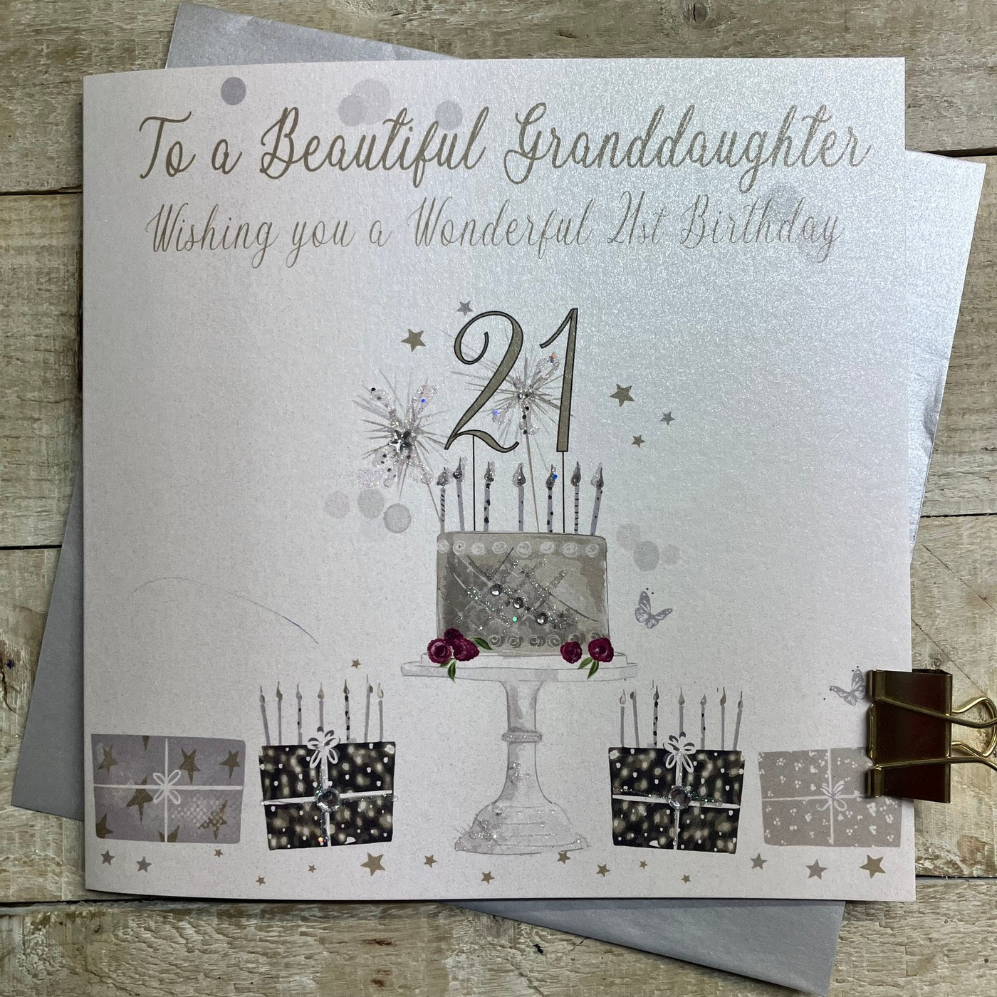 Beautiful Granddaughter 21st Birthday Cake & Presents LARGE Card - White Cotton Cards