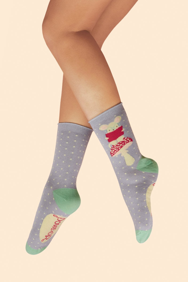 Powder Studious Field Mouse - Ladies Bamboo Ankle Socks - Lilac