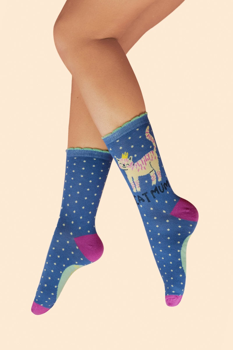 Powder Cat Mum - Ladies Bamboo Ankle Socks - Blue