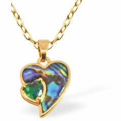 Byzantium Paua Shell Pendant Necklace - Devoted Heart with Stone - Gold