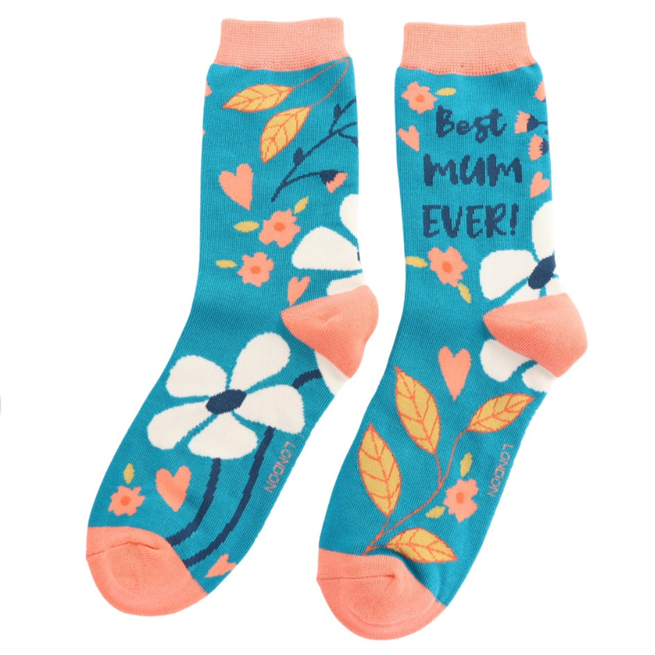 Miss Sparrow Bamboo Ankle Socks - Best Mum Ever - Teal Blue