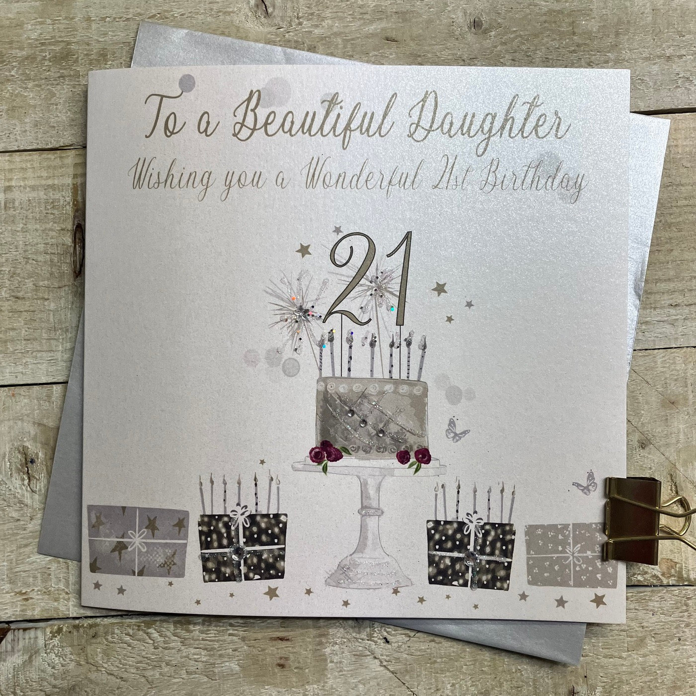 Beautiful Daughter 21st Birthday Cake & Presents LARGE Card - White Cotton Cards