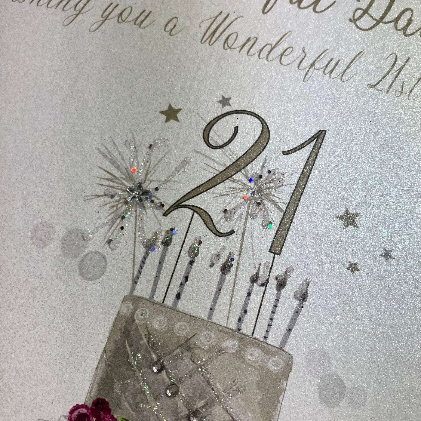 Beautiful Daughter 21st Birthday Cake & Presents LARGE Card - White Cotton Cards