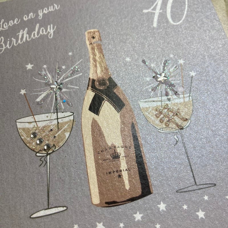 40th Birthday Silver Champagne Card - White Cotton Cards