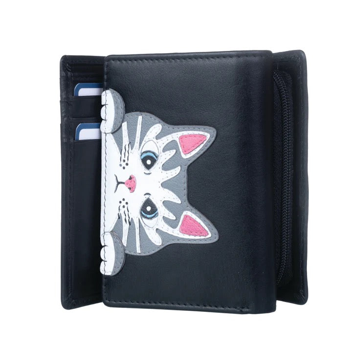 Mala Leather Peeping Cat Tri-Fold Purse (3643 11)- Black