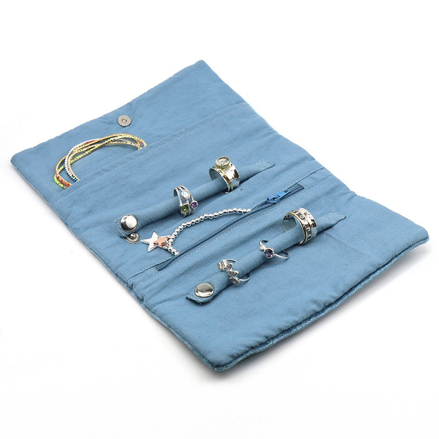 POM Dusky Blue Velvet Robin & Holly Embroidered Jewellery Roll