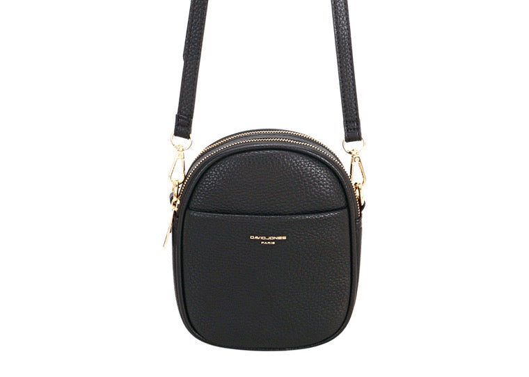 David Jones Double Zip Small Rounded Top Crossbody Bag - Black/Gold Fittings (NV7000-1)