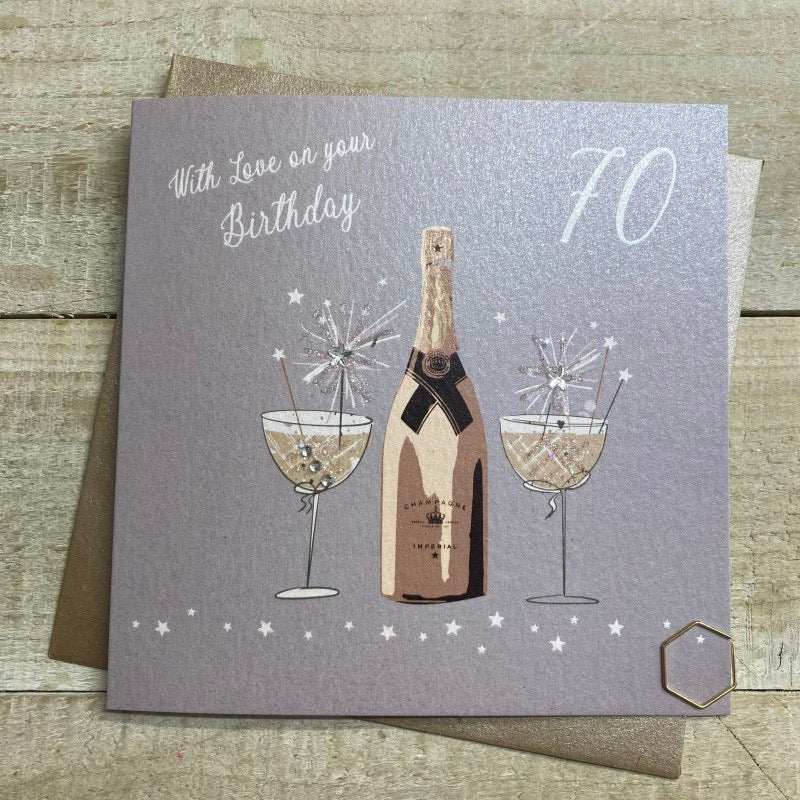 70th Birthday Silver Champagne Card - White Cotton Cards