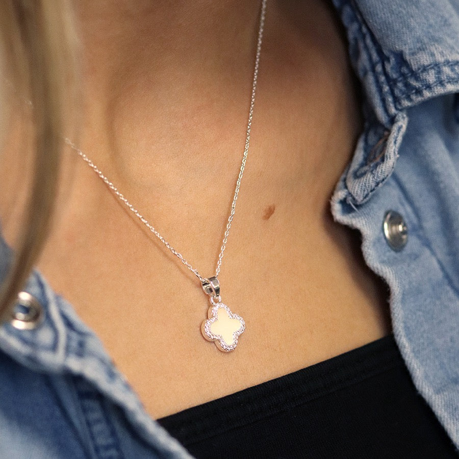 POM Silver Plated Crystal Edged Quatrefoil Clover Fashion Necklace