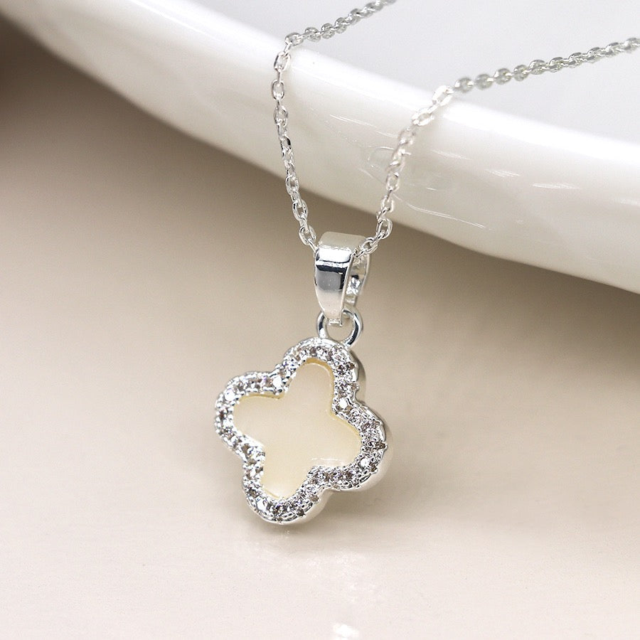 POM Silver Plated Crystal Edged Quatrefoil Clover Fashion Necklace