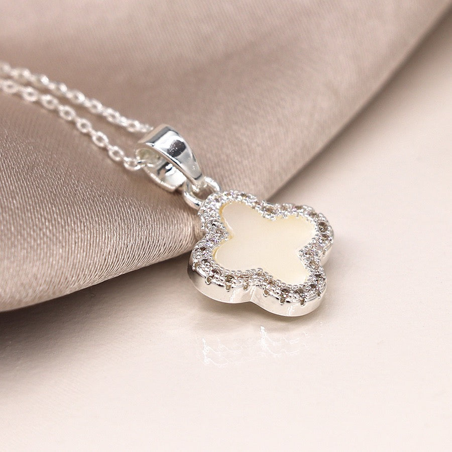 POM Silver Plated Crystal Edged Quatrefoil Clover Fashion Necklace