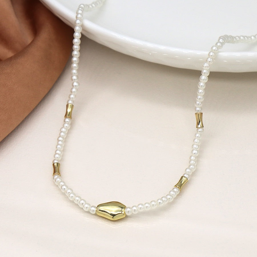 POM Ivory Seed Pearl & Gold Bead Necklace