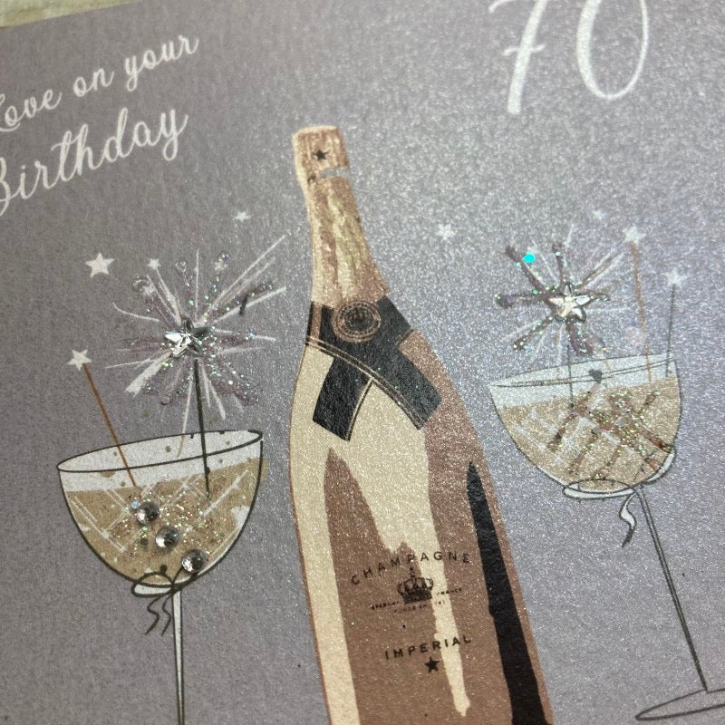 70th Birthday Silver Champagne Card - White Cotton Cards