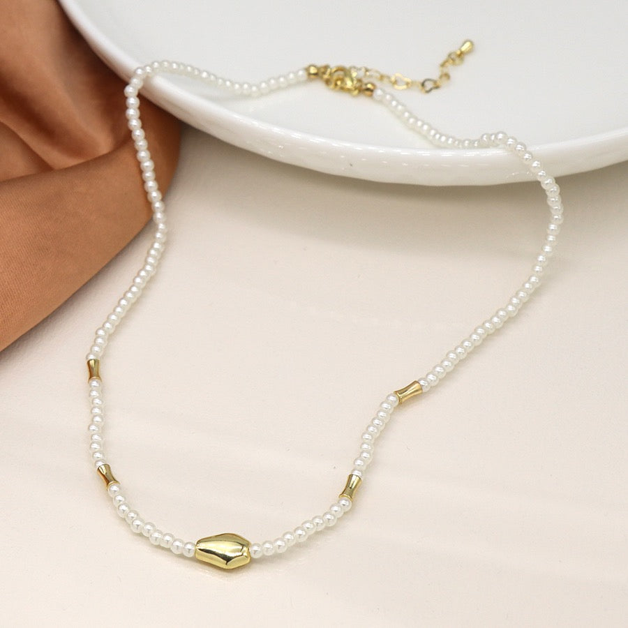 POM Ivory Seed Pearl & Gold Bead Necklace