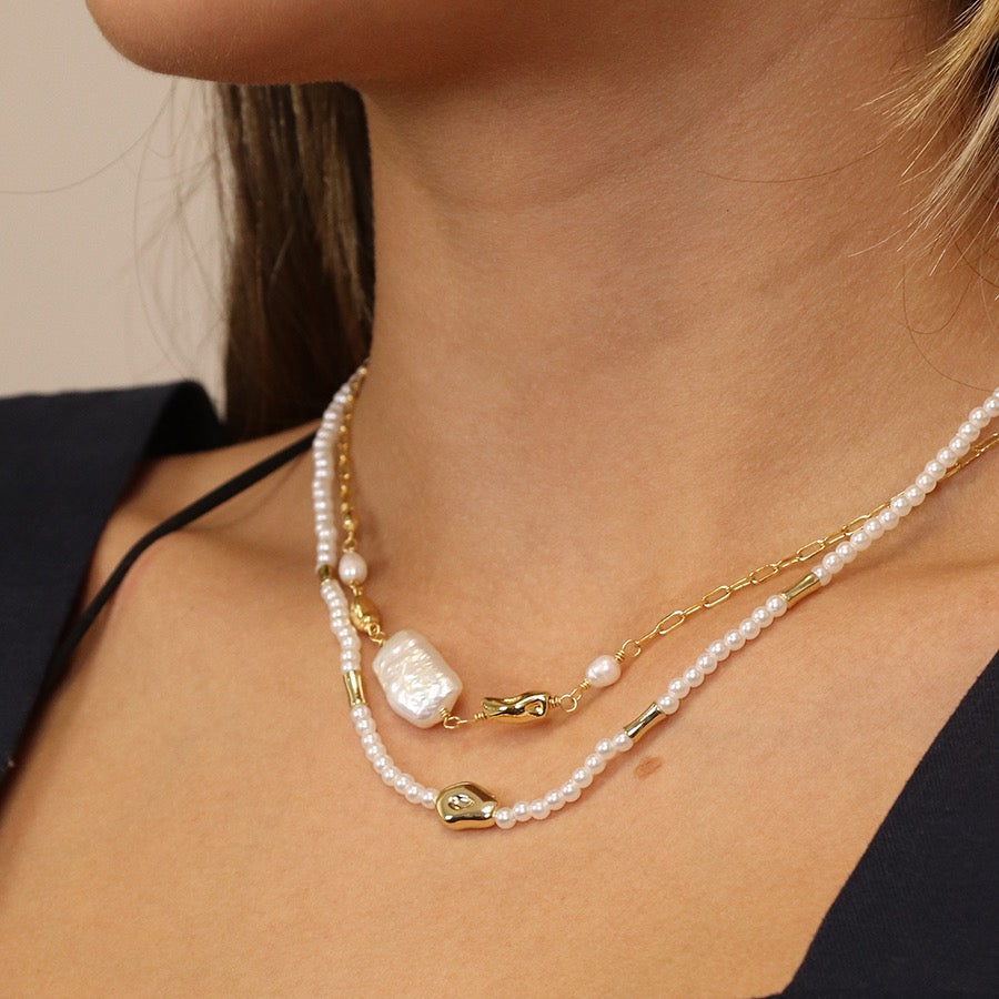 POM Ivory Seed Pearl & Gold Bead Necklace