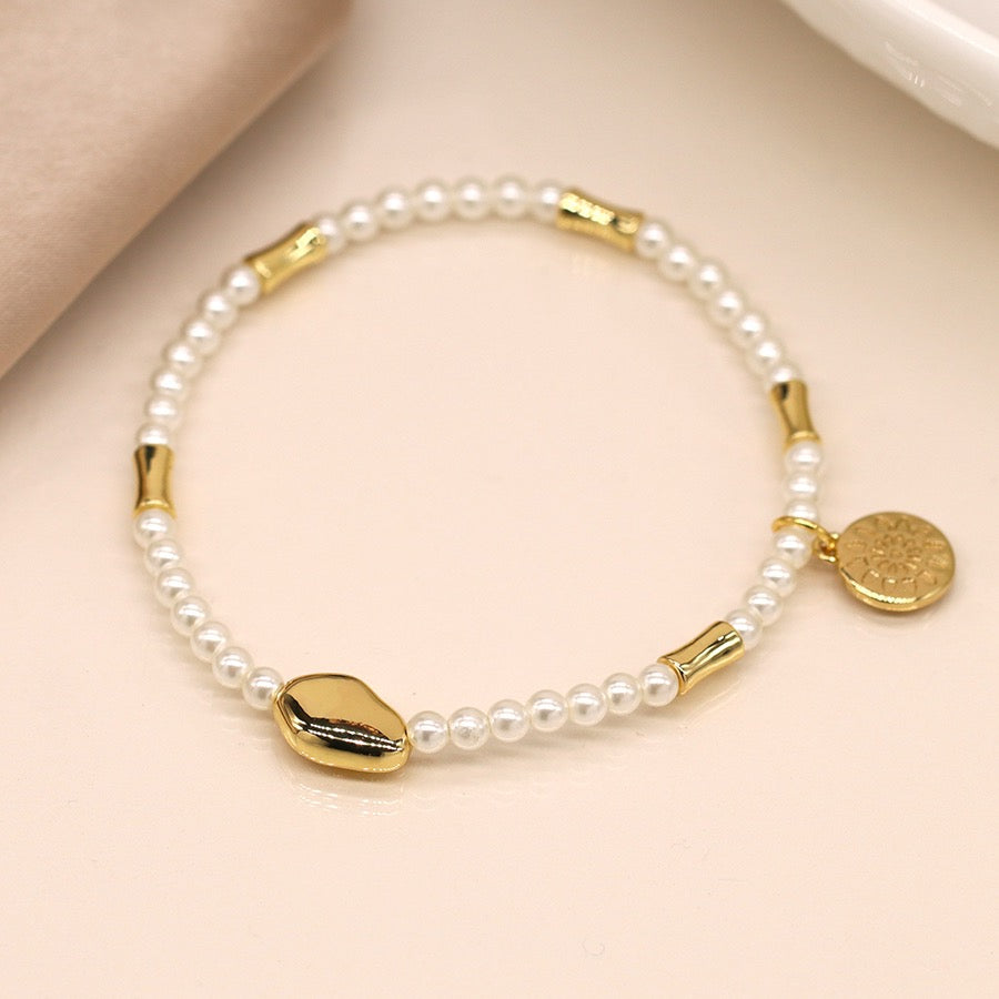 POM Ivory Seed Pearl & Gold Bead Stretch Bracelet