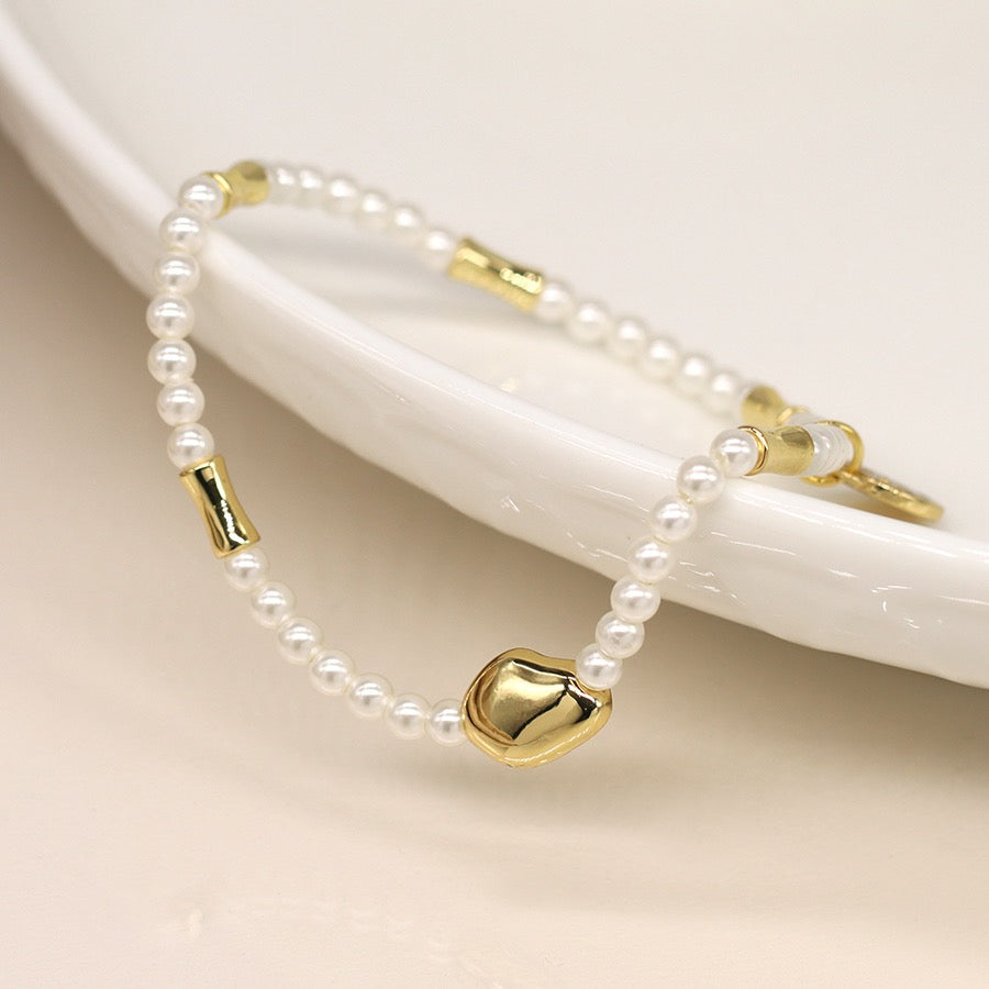 POM Ivory Seed Pearl & Gold Bead Stretch Bracelet