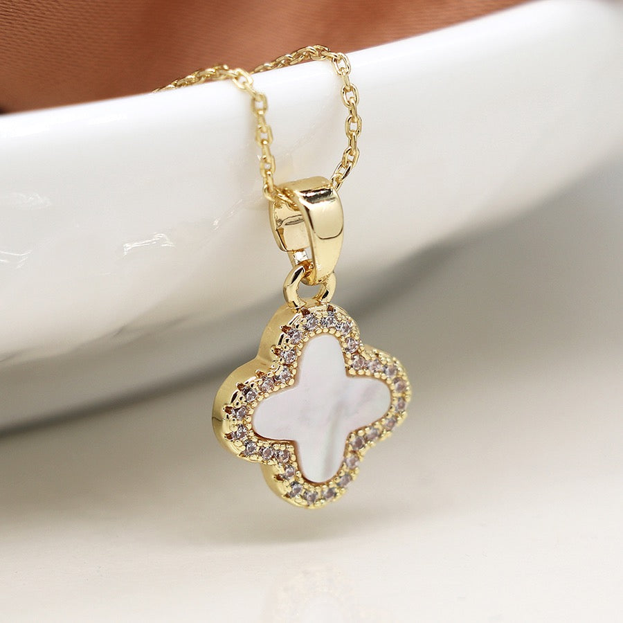 POM Gold Plated Crystal Edged Quatrefoil Clover Fashion Necklace