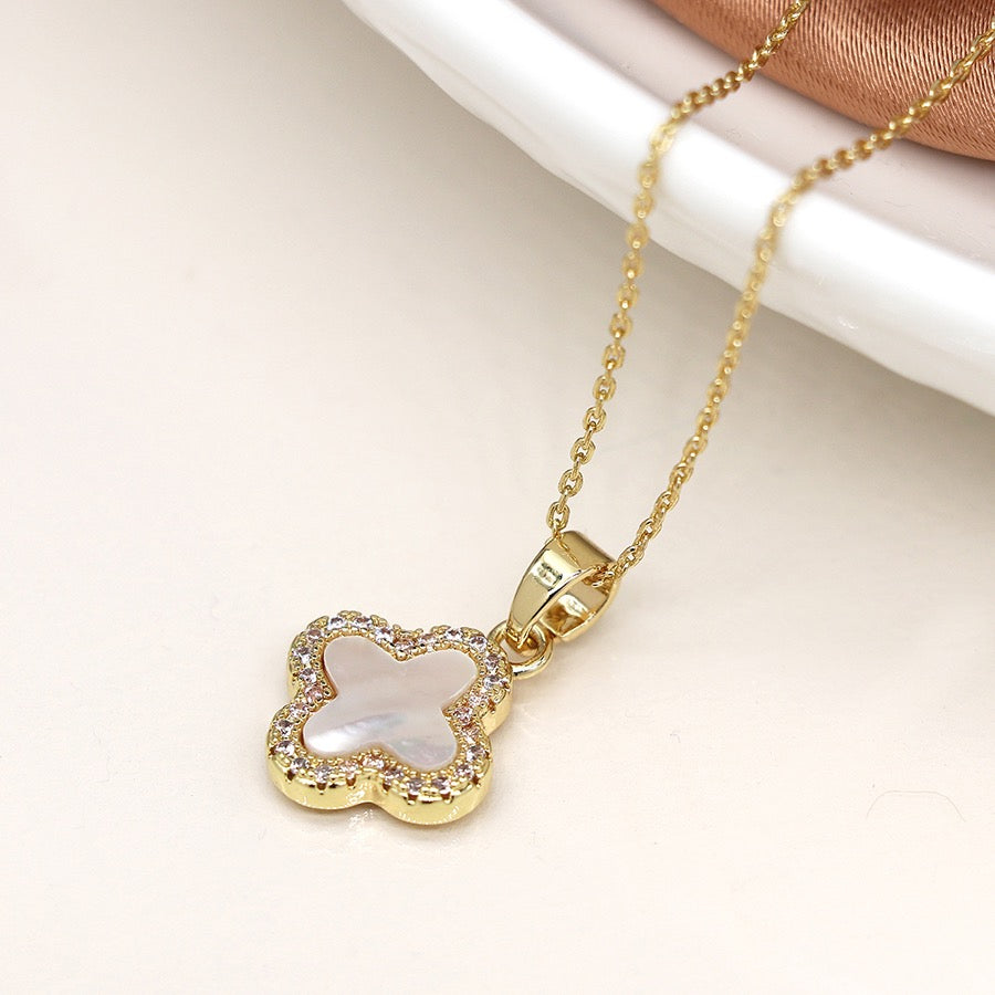 POM Gold Plated Crystal Edged Quatrefoil Clover Fashion Necklace