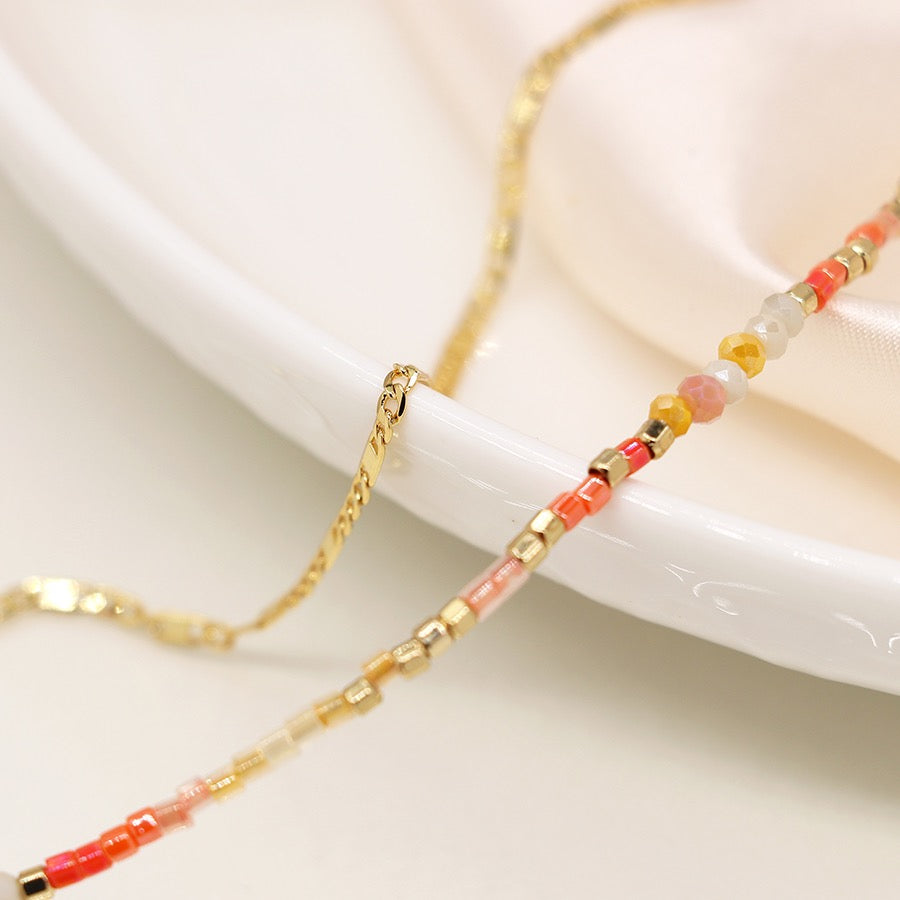 POM Golden Chain & Coral Beaded Double Layer Fashion Necklace