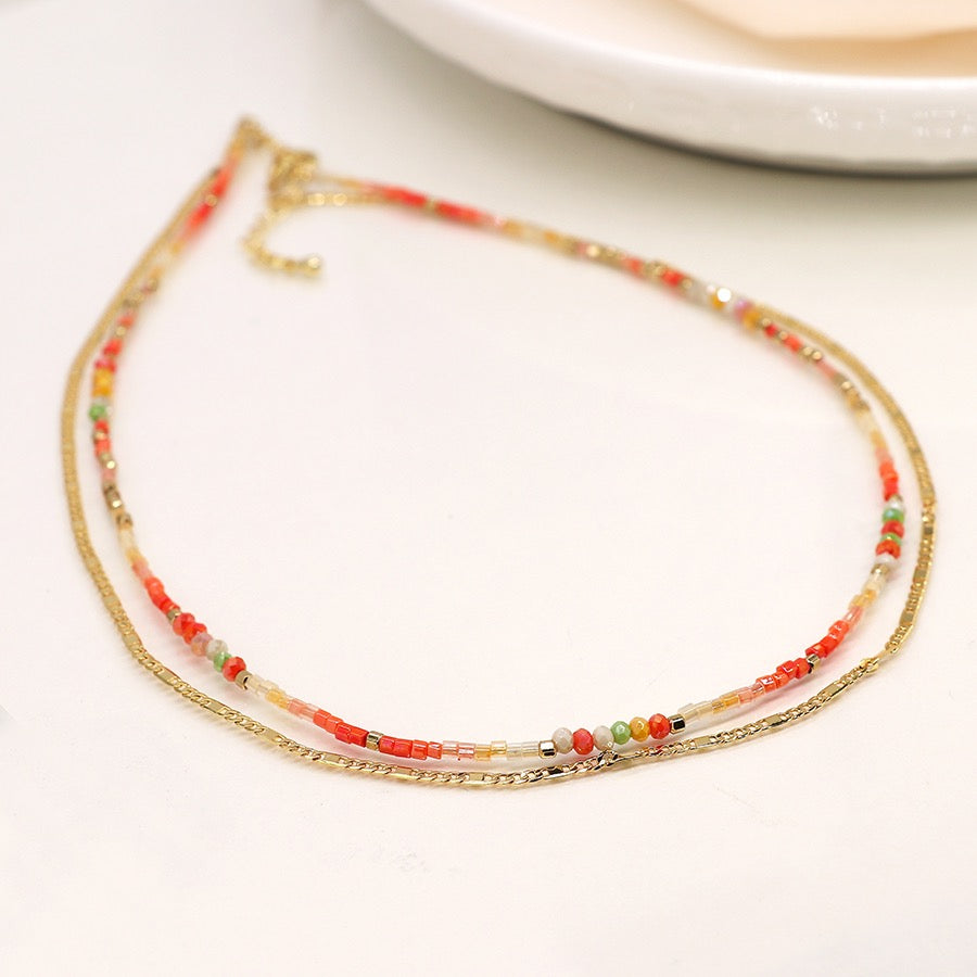 POM Golden Chain & Coral Beaded Double Layer Fashion Necklace