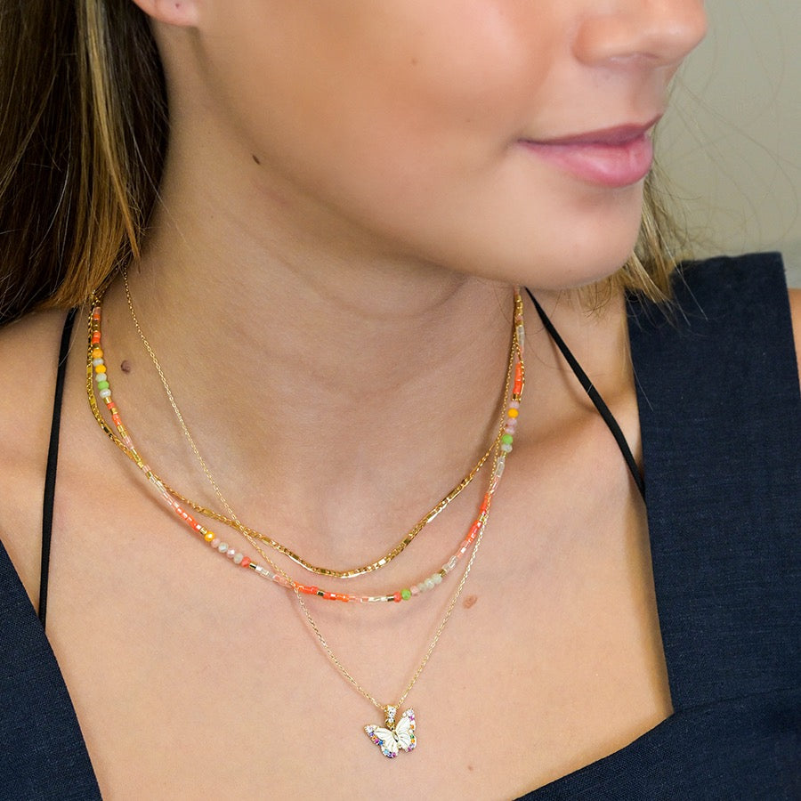 POM Golden Chain & Coral Beaded Double Layer Fashion Necklace