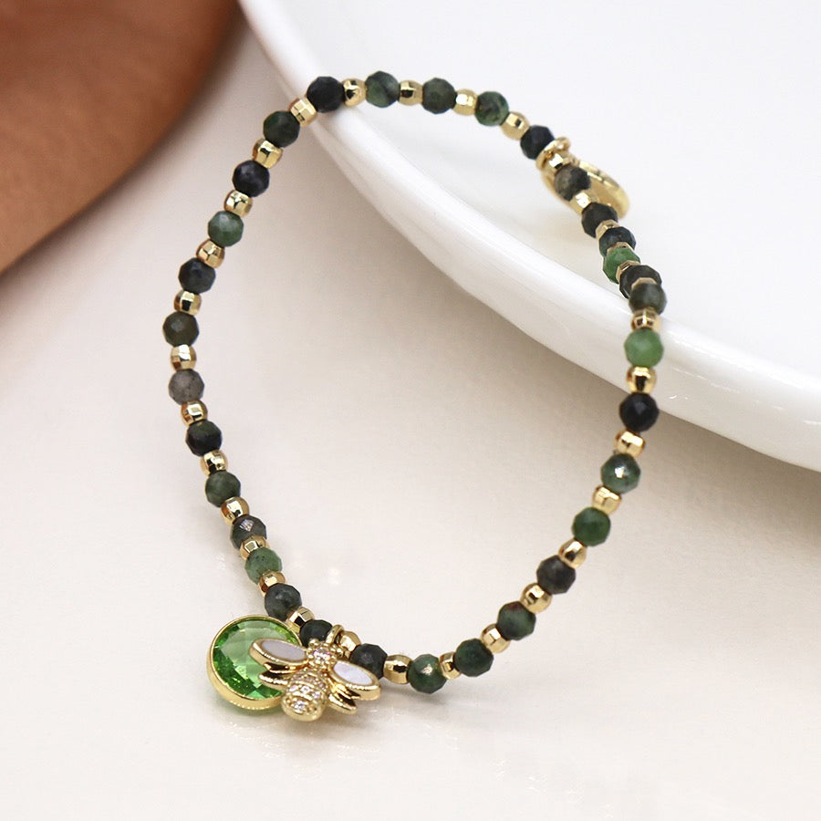POM Gold & Green Bee & Crystal Fashion Stretch Bracelet
