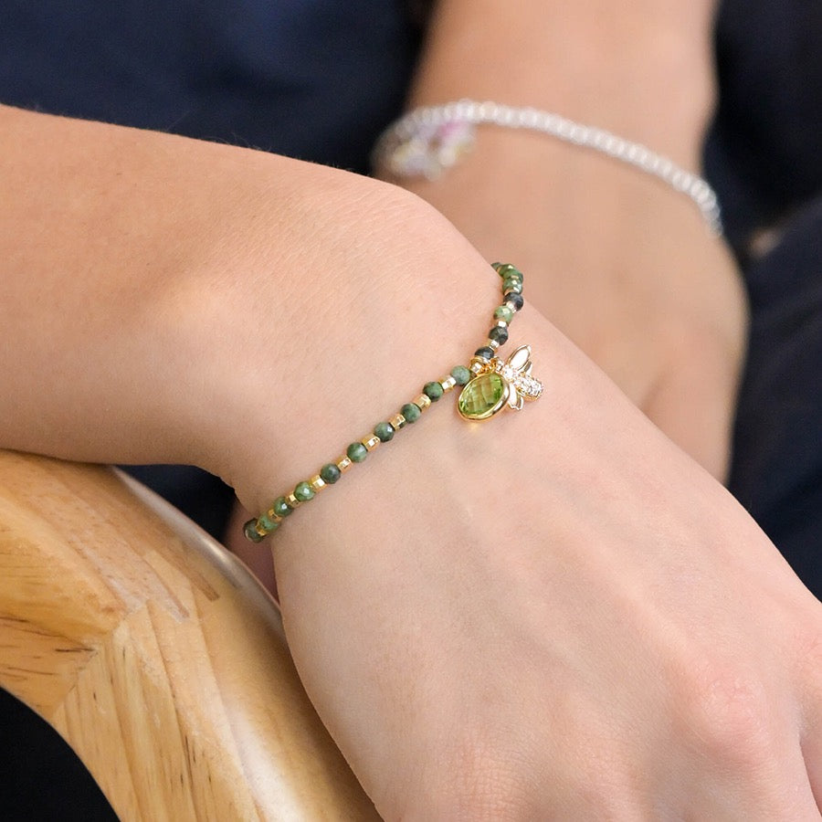 POM Gold & Green Bee & Crystal Fashion Stretch Bracelet
