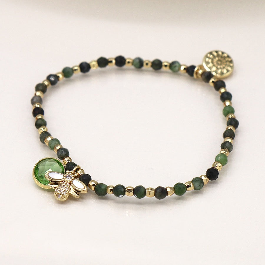 POM Gold & Green Bee & Crystal Fashion Stretch Bracelet