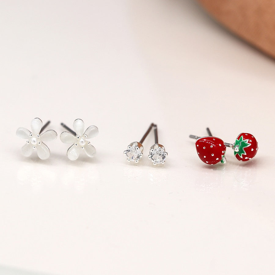 POM Silver Plated Strawberry, Crystal & Flower Triplet Set Stud Earrings