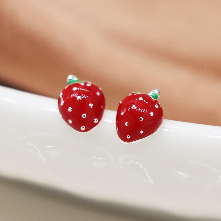 POM Silver Plated Strawberry, Crystal & Flower Triplet Set Stud Earrings