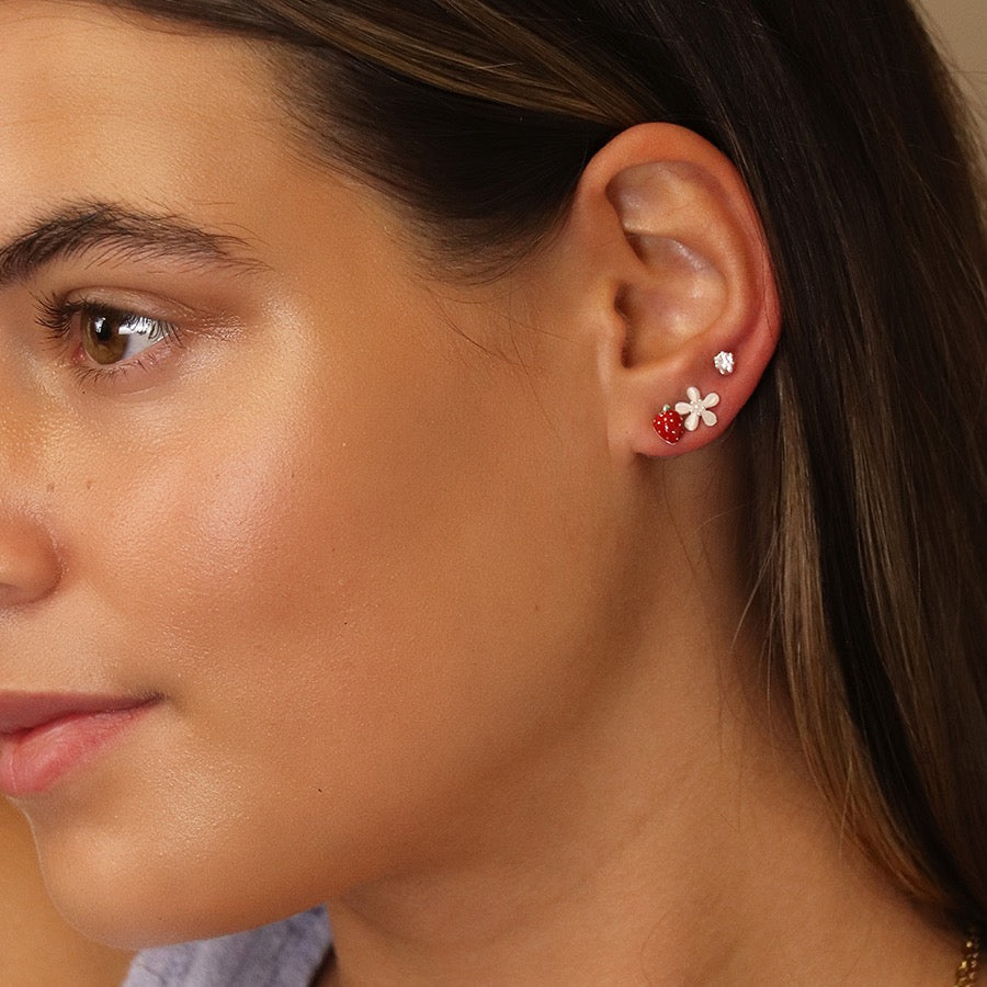 POM Silver Plated Strawberry, Crystal & Flower Triplet Set Stud Earrings