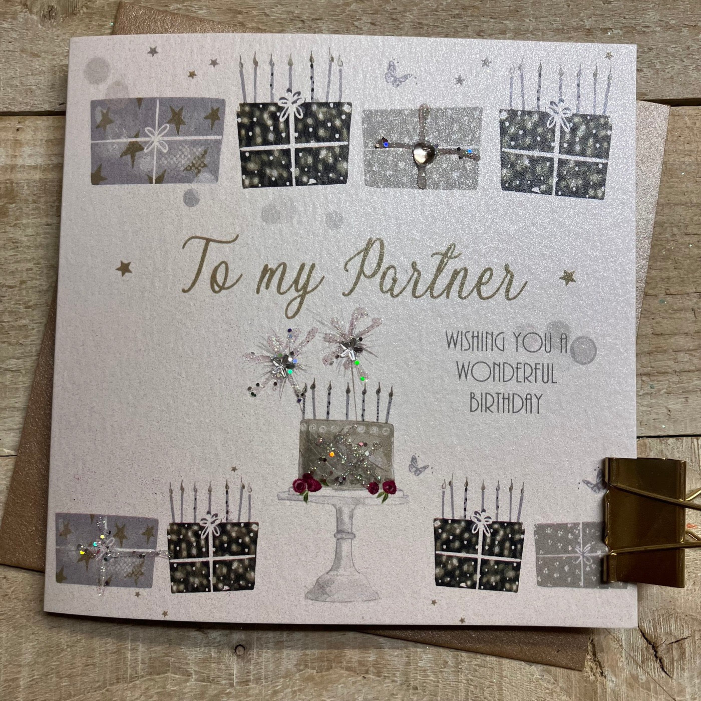 To My Partner Wishing You a Wonderful Birthday Card - Cake & Presents - White Cotton Cards