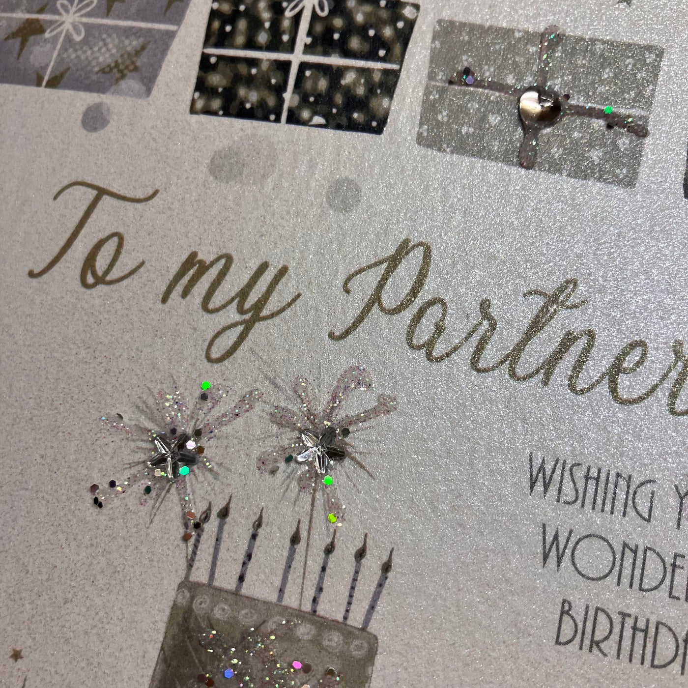 To My Partner Wishing You a Wonderful Birthday Card - Cake & Presents - White Cotton Cards