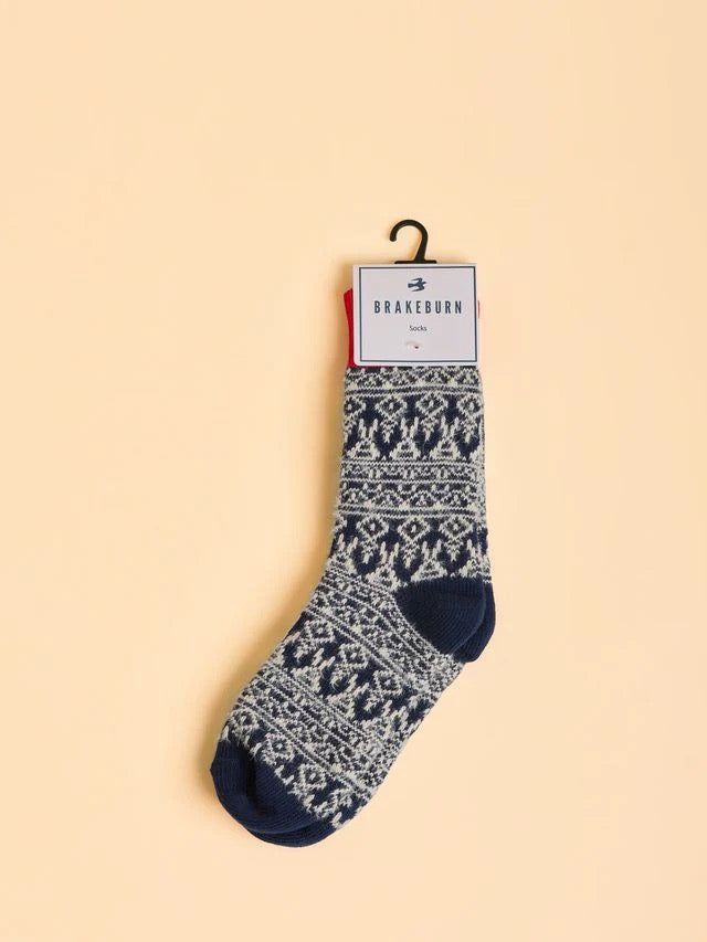 Brakeburn Stand Fair Isle Fluffy Ankle Socks -Navy/White/Red