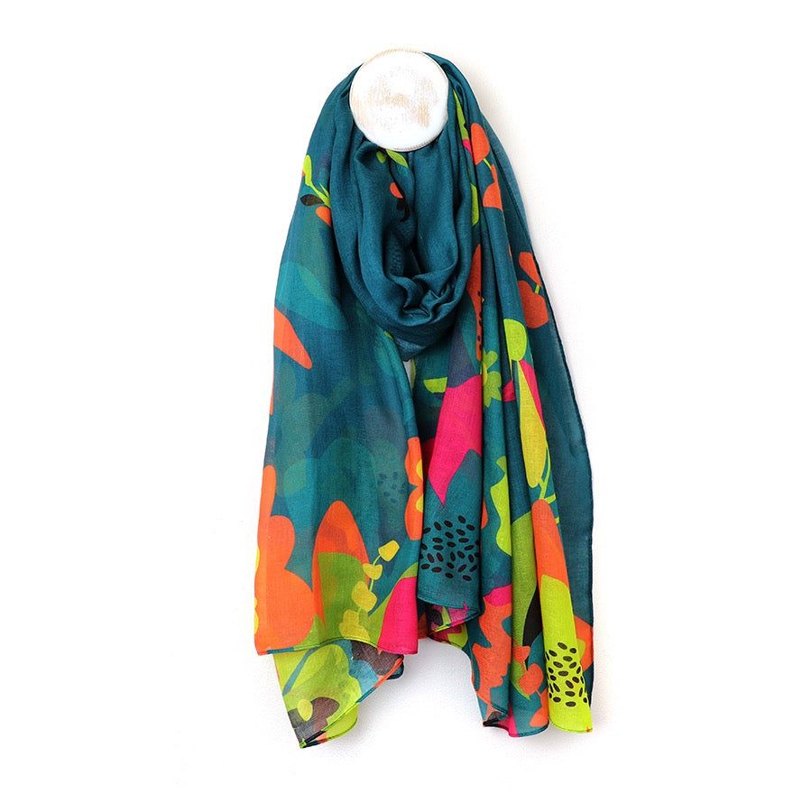 POM Teal Blue & Tropical Floral Edge Print Recycled Blend Scarf