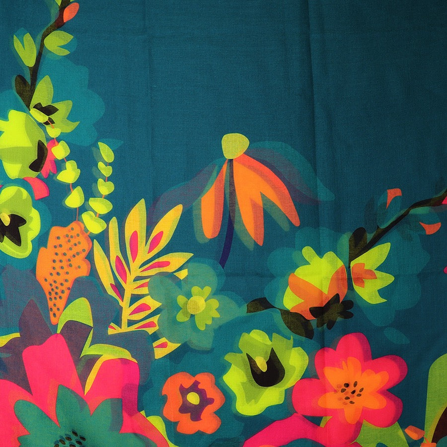 POM Teal Blue & Tropical Floral Edge Print Recycled Blend Scarf