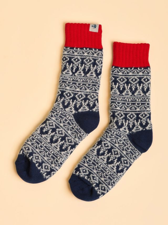 Brakeburn Stand Fair Isle Fluffy Ankle Socks -Navy/White/Red