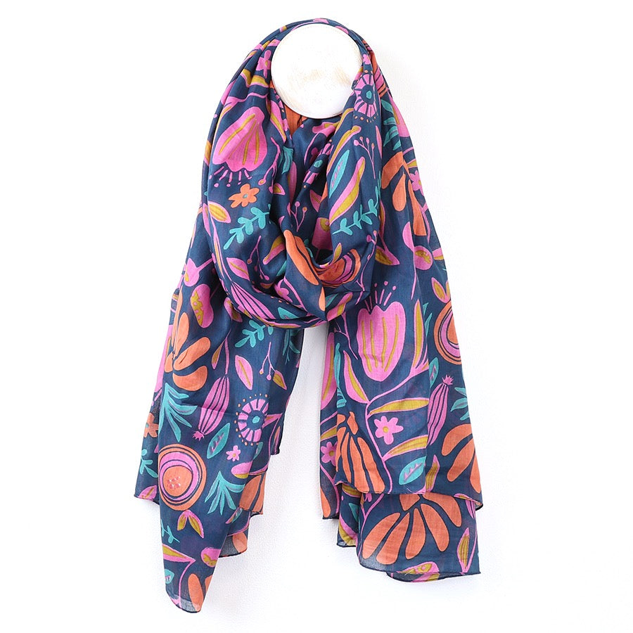 POM Navy & Bright Abstract Meadow Print Organic Cotton Scarf