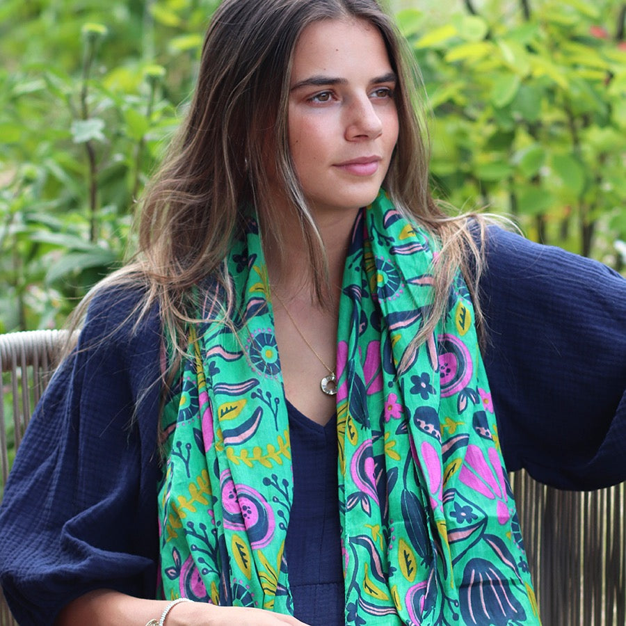 POM Jade Green & Bright Abstract Meadow Print Organic Cotton Scarf