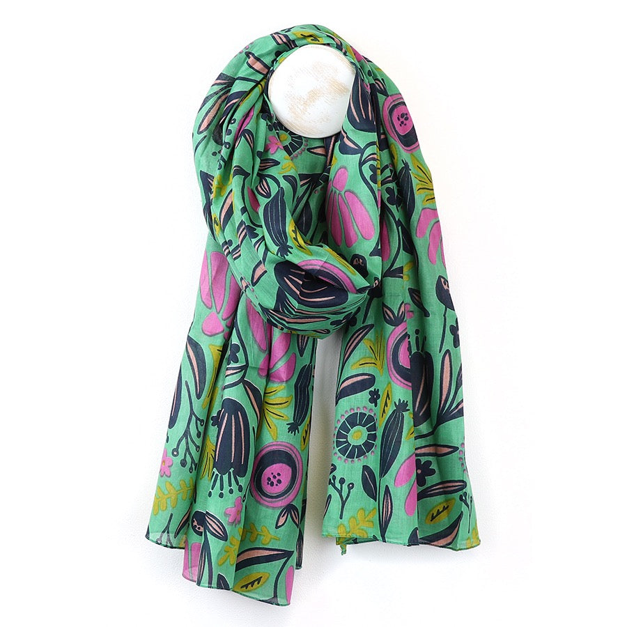 POM Jade Green & Bright Abstract Meadow Print Organic Cotton Scarf