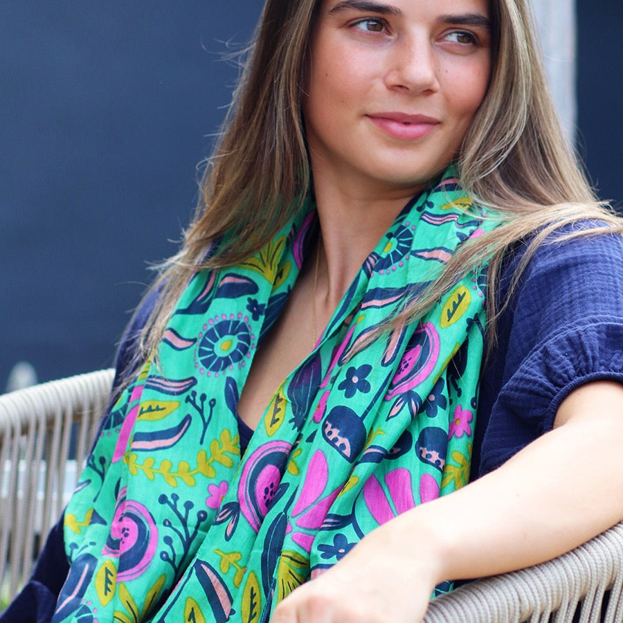 POM Jade Green & Bright Abstract Meadow Print Organic Cotton Scarf