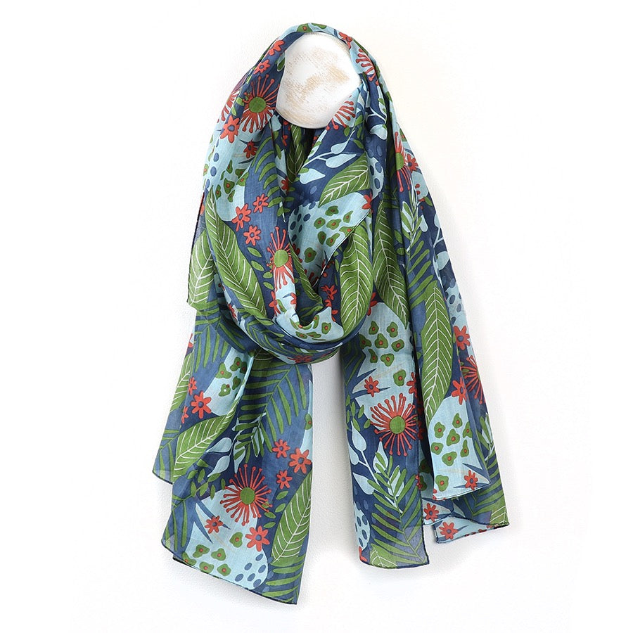 POM Blue & Green Mix Botanical Print Organic Cotton Scarf