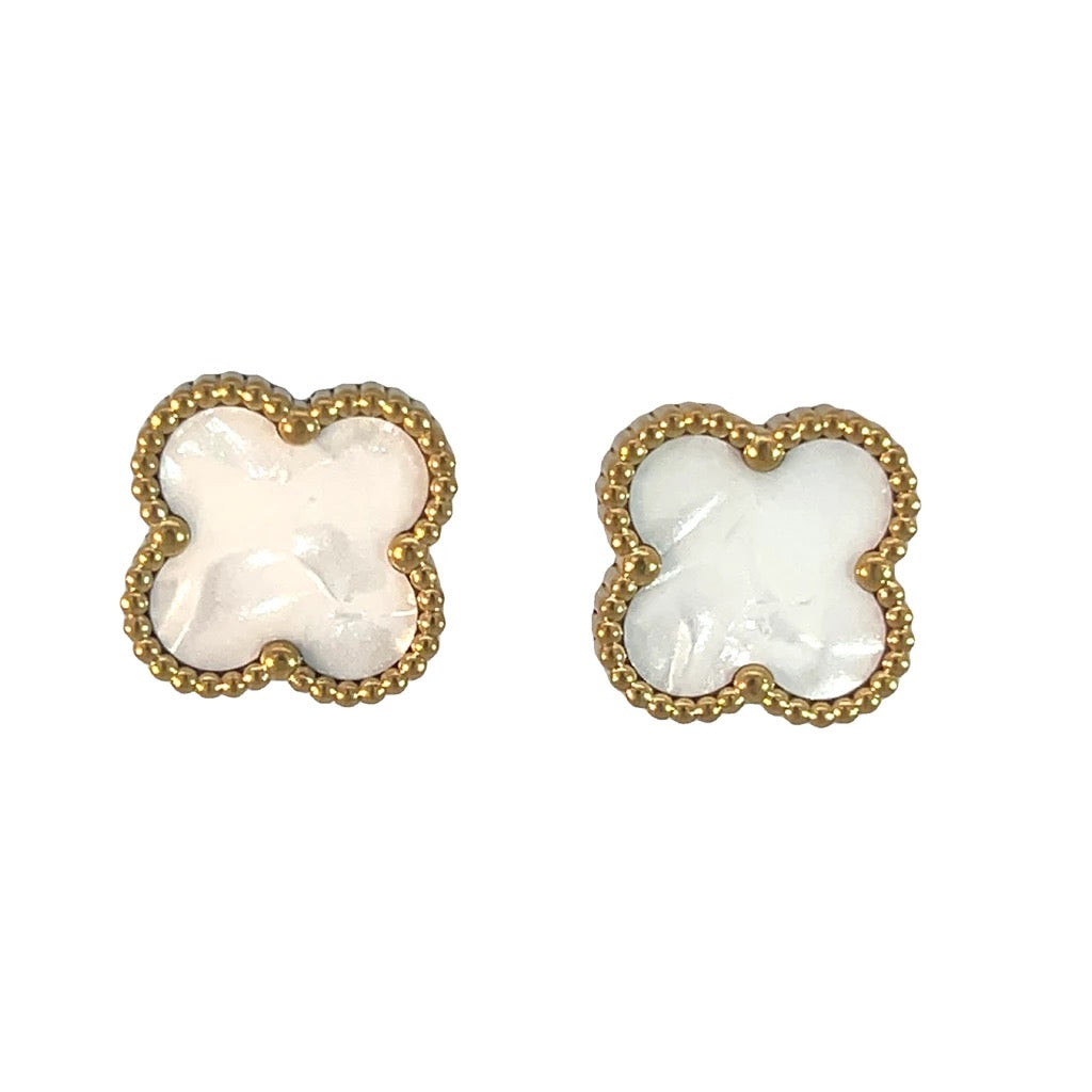 Byzantium White Shimmer Four Leaf Clover Stud Earrings - Gold