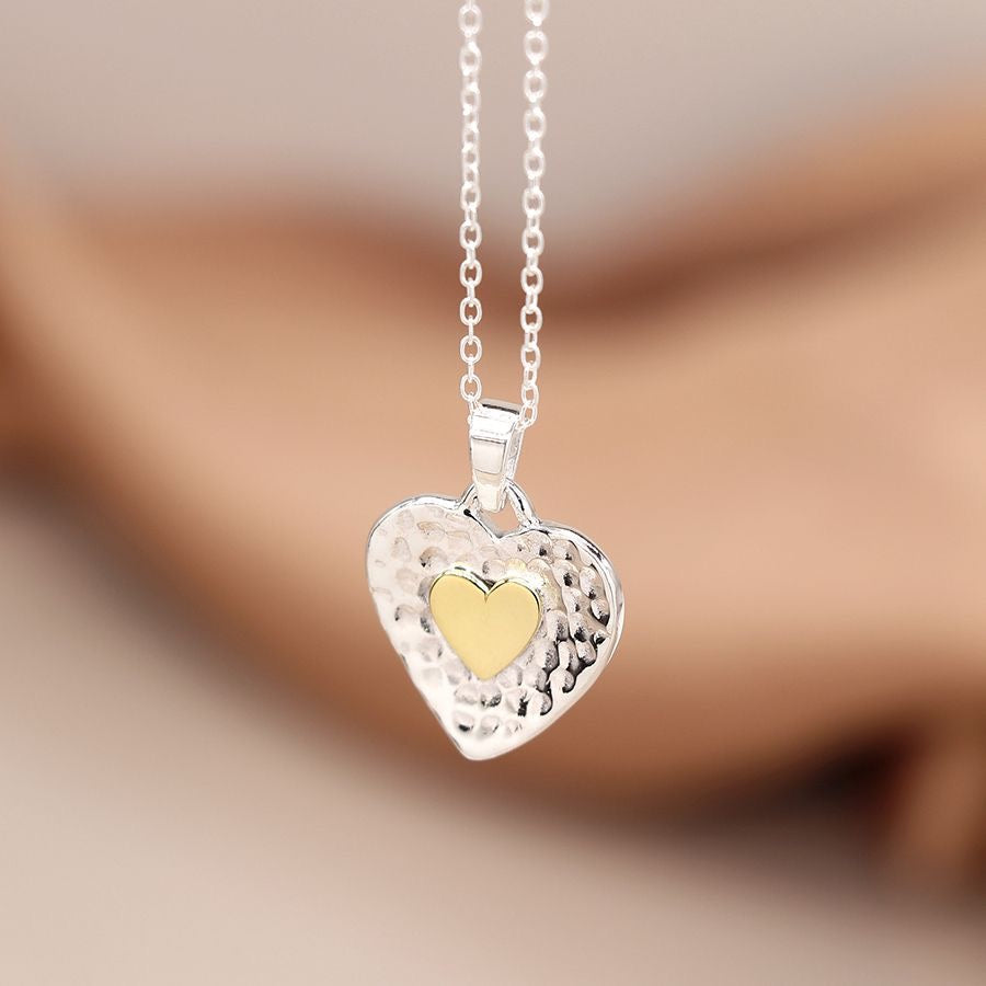 POM Hammered Concave Heart with Gold Heart Centre Sterling Silver Pendant
