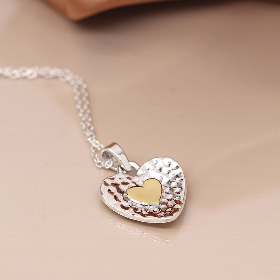 POM Hammered Concave Heart with Gold Heart Centre Sterling Silver Pendant