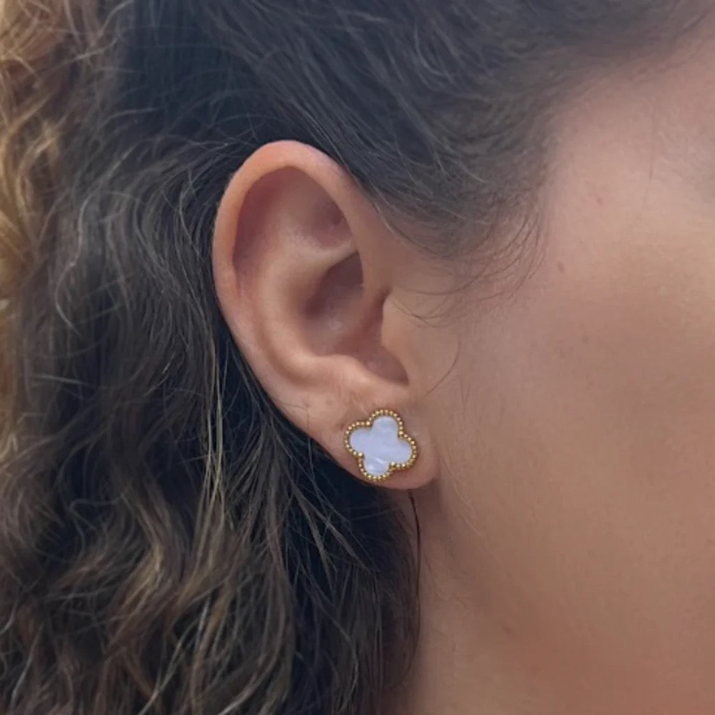 Byzantium White Shimmer Four Leaf Clover Stud Earrings - Gold