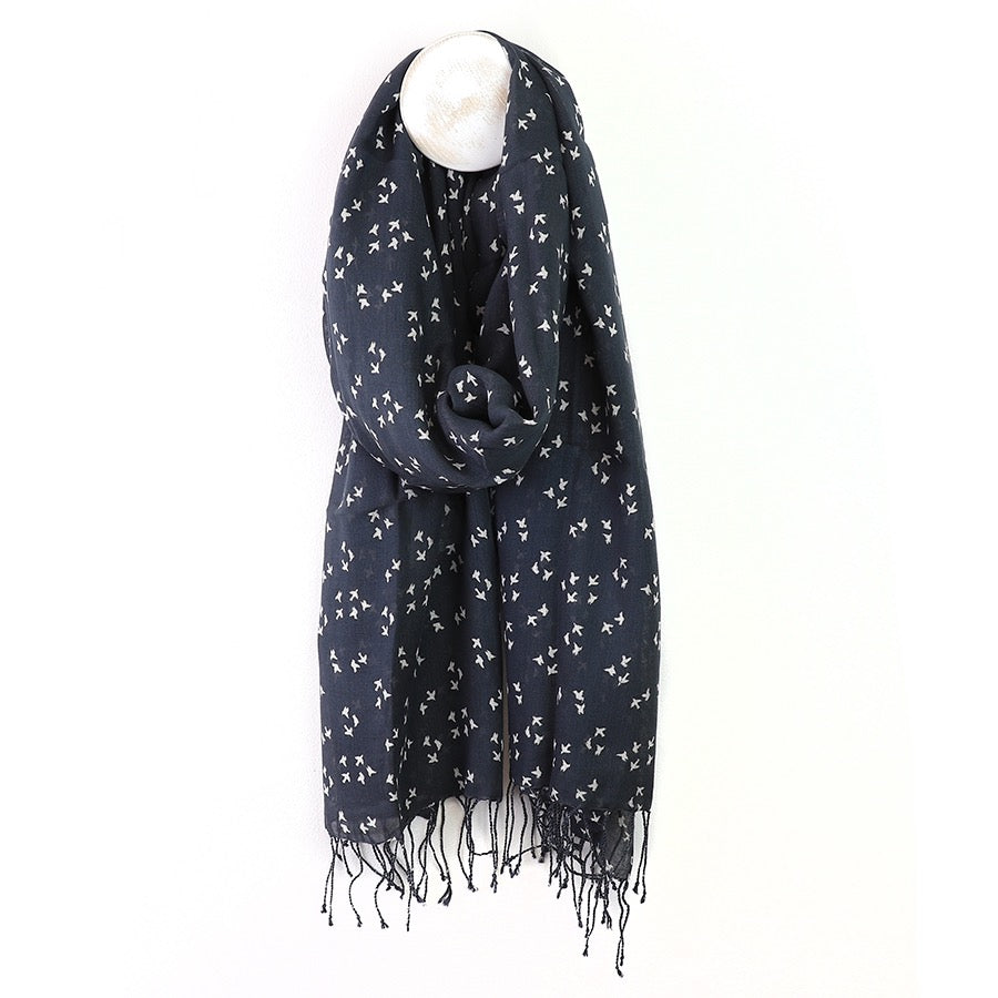 POM Navy Blue Ditsy Bird Print Modal Scarf